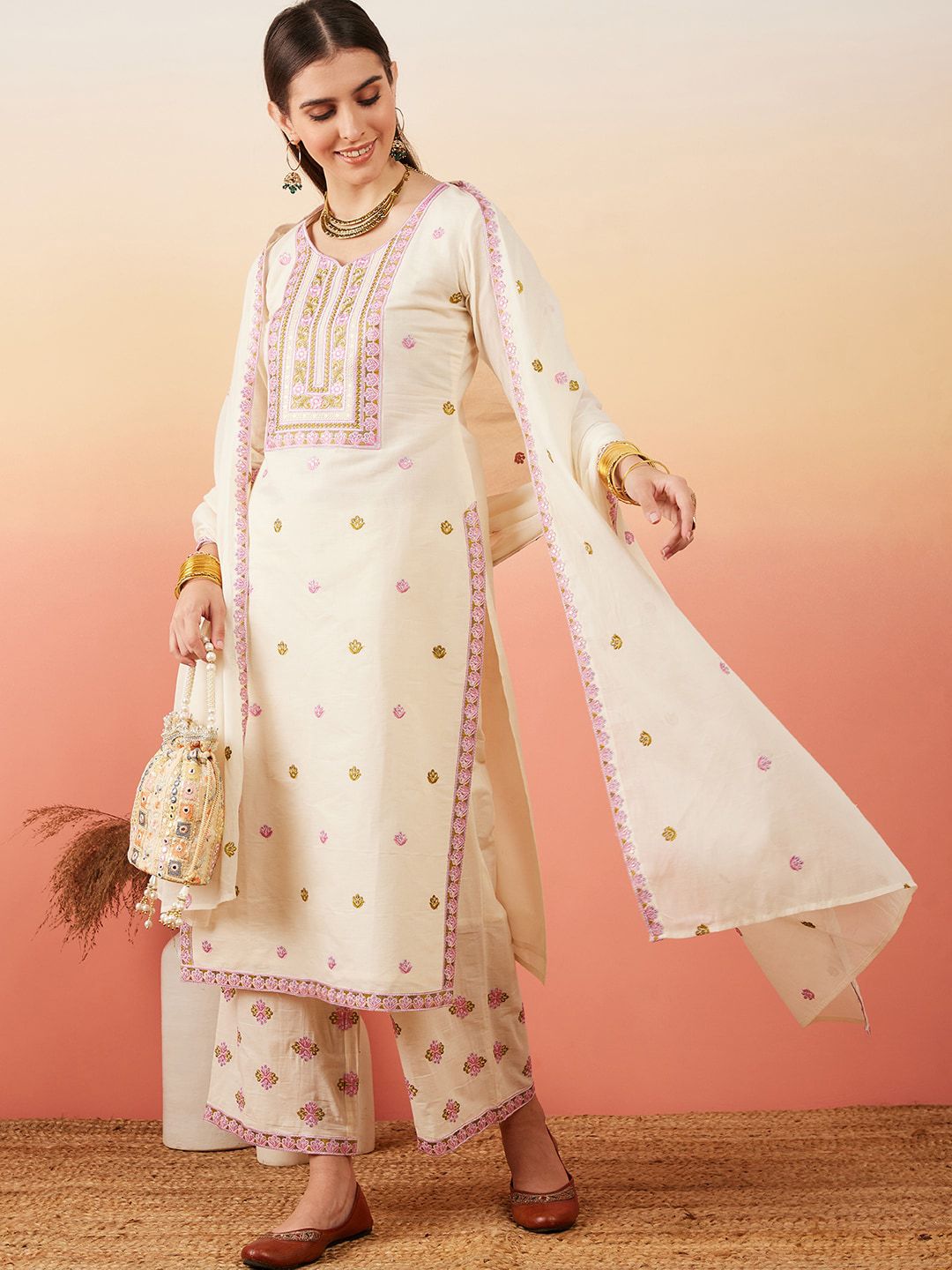 Dhiyona SN Women's Floral Embroidered Pure Cotton Straight Kurta With Palazzo & Dupatta