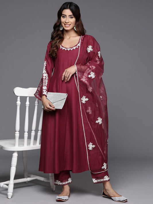 Dhiyona VA Women's Embroidered Thread Work Anarkali Kurta with Trousers & With Dupatta