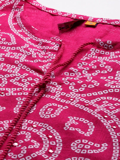 Dhiyona IS Women's Women Pink & White Bandhani Printed Kurta with Trousers