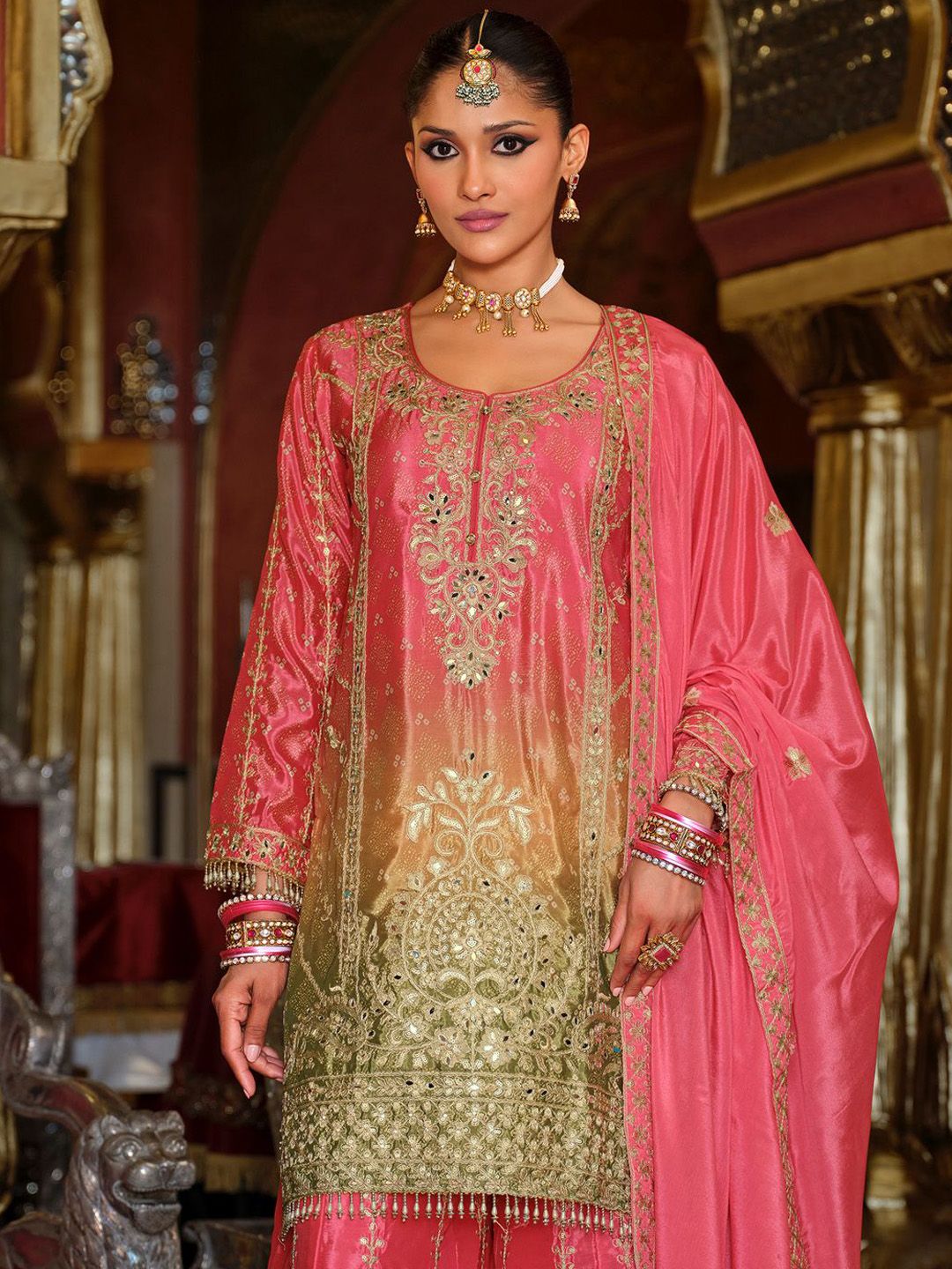 Women Ethnic Motifs Embroidered Regular Mirror Work Kurta with Palazzos & Dupatta
