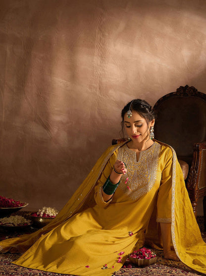 Dhiyona IE Yellow Paisley Embroidered Regular Straight Kurta With Trousers & Dupatta