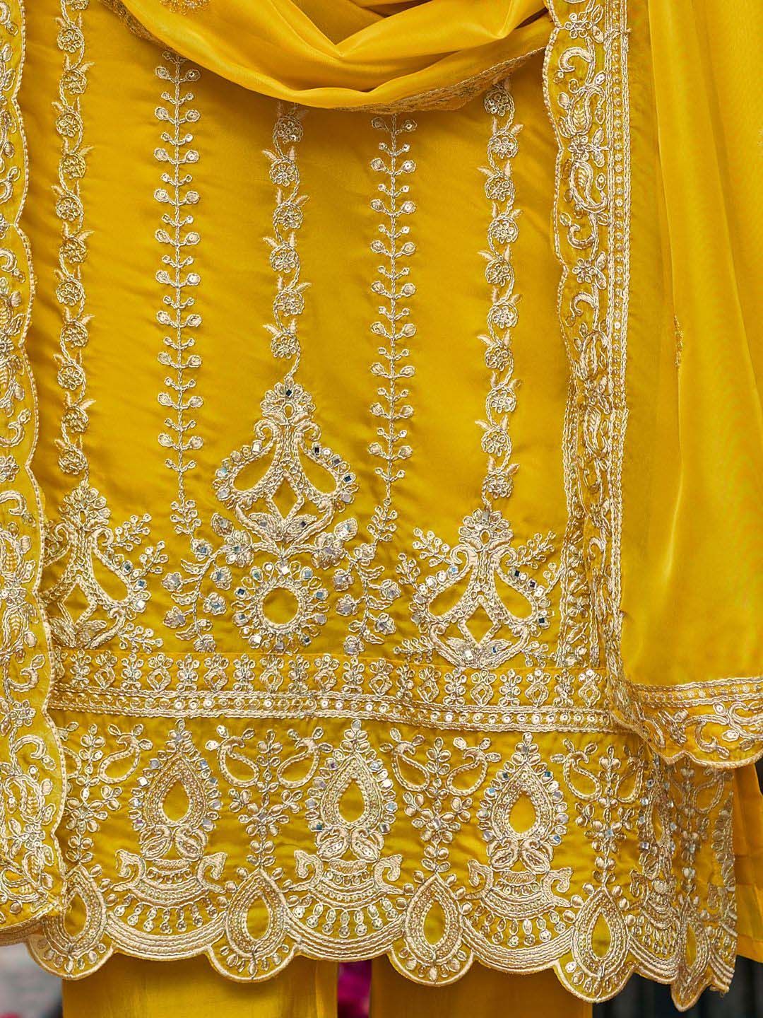 Floral Embroidered V-Neck Zari Organza Kurta With Trousers And Dupatta