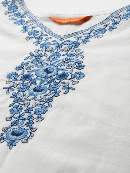 Floral Embroidered Pure Cotton Kurta with Trousers & Dupatta