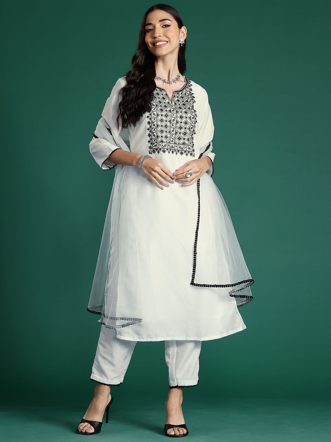 Ethnic Motifs Yoke Design Thread Work Kurta With Trousers & Dupatta
