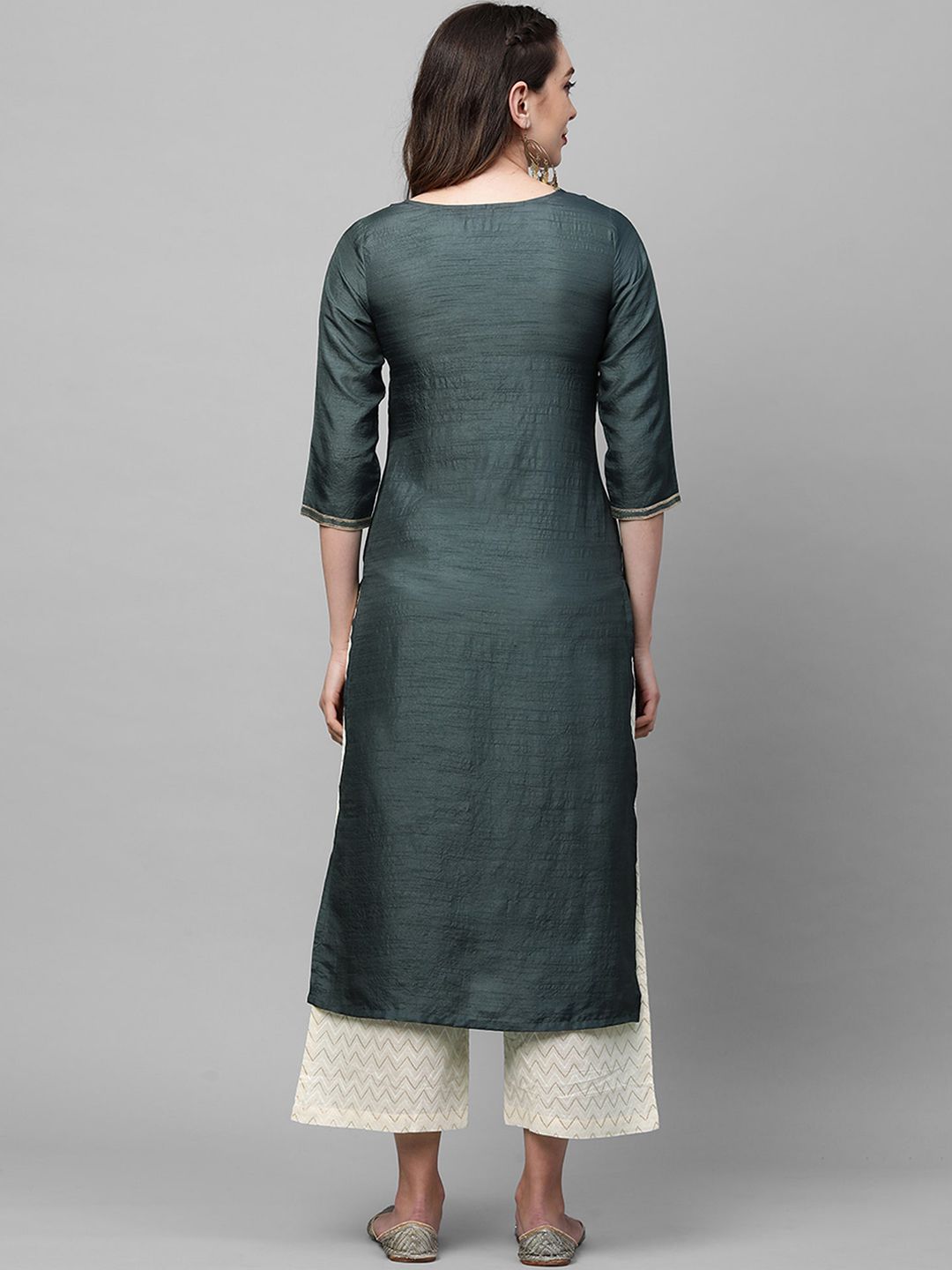 Dhiyona IE Women Charcoal Grey Ethnic Motifs Yoke Design Straight Kurta