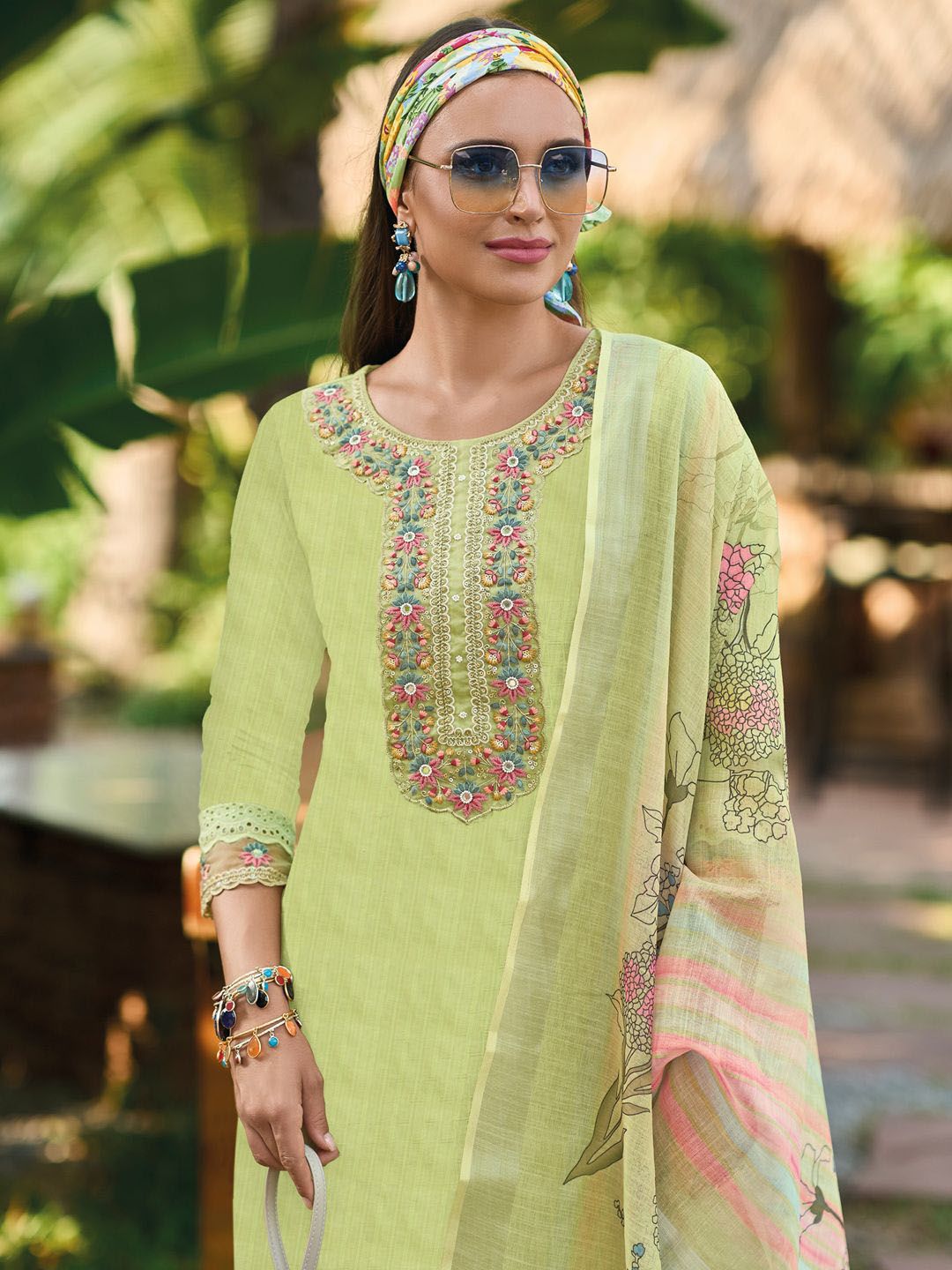 Floral Embroidered Pure Cotton Straight Kurta With Trousers & Dupatta