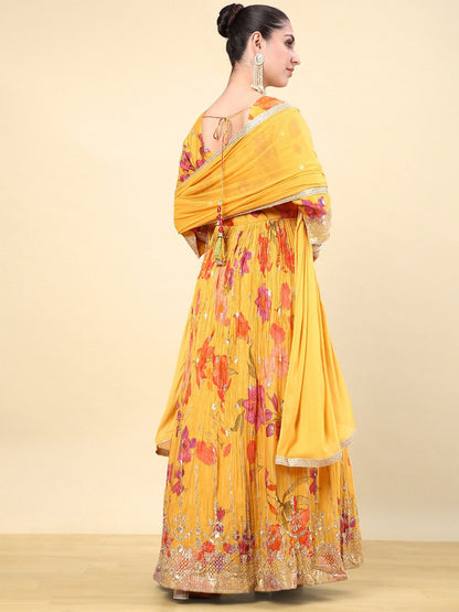 Dhiyona SO Women's Women Floral Embroidered Pleated Sequinned Kurta with Churidar & With Dupatta