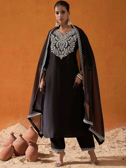 Women Embroidered Regular Thread Work Kurta with Trousers & With Dupatta