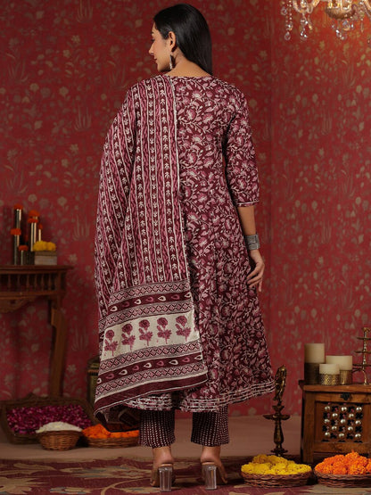 Dhiyona IS Women's Floral Printed Sequinned Pure Cotton Anarkali Kurta With Trousers & Dupatta