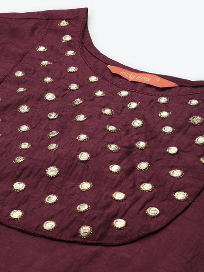 Dhiyona IE Women Maroon Yoke Design Regular Mirror Work Kurta with Palazzos