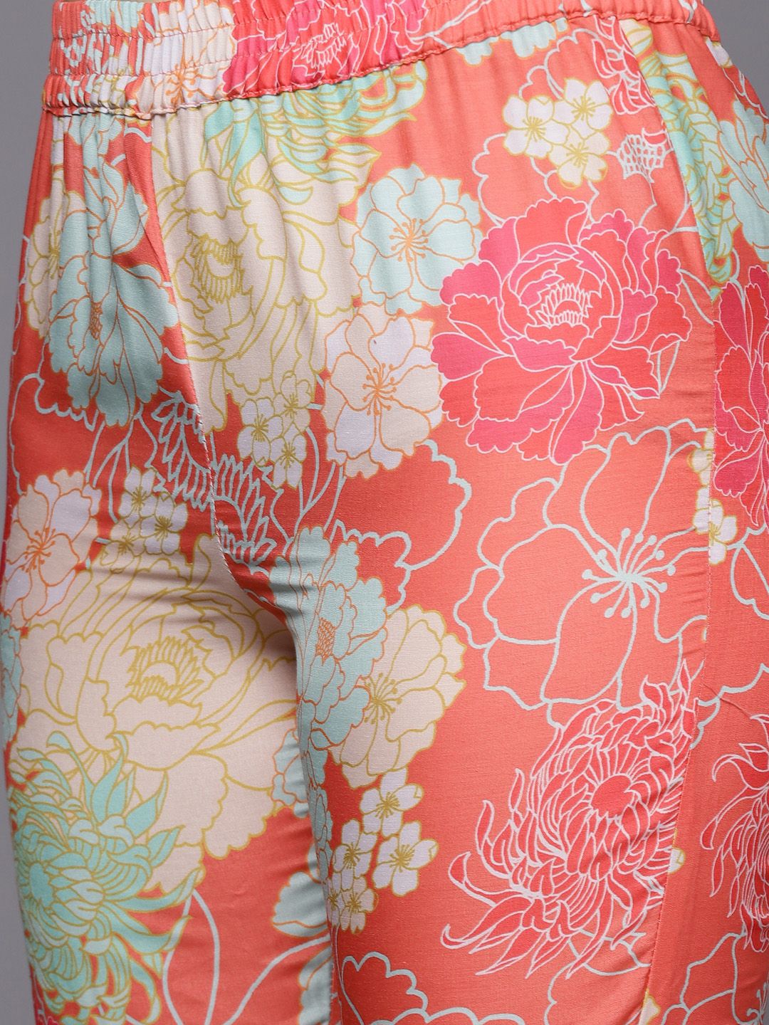 Dhiyona VA Women's Coral Floral Printed Empire Mirror Work Kurta with Sharara & With Dupatta
