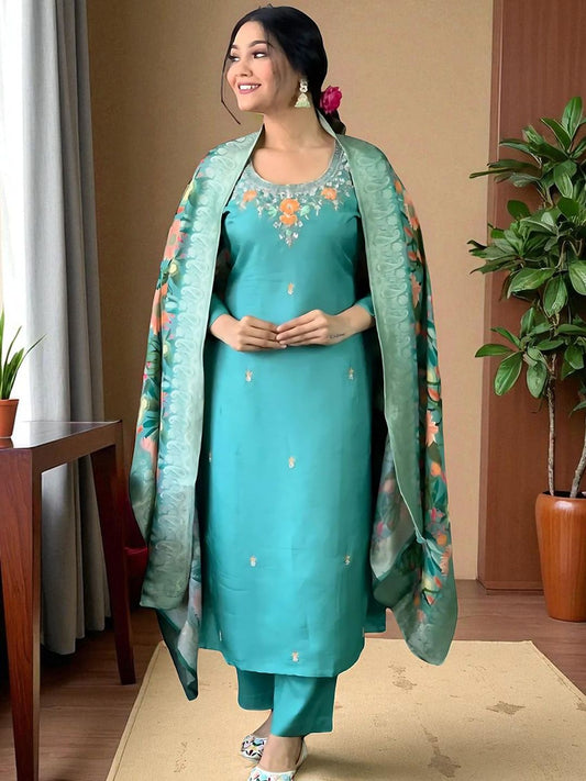 Dhiyona SN Women's Floral Embroidered Thread Work Straight Kurta With Trouser And Dupatta