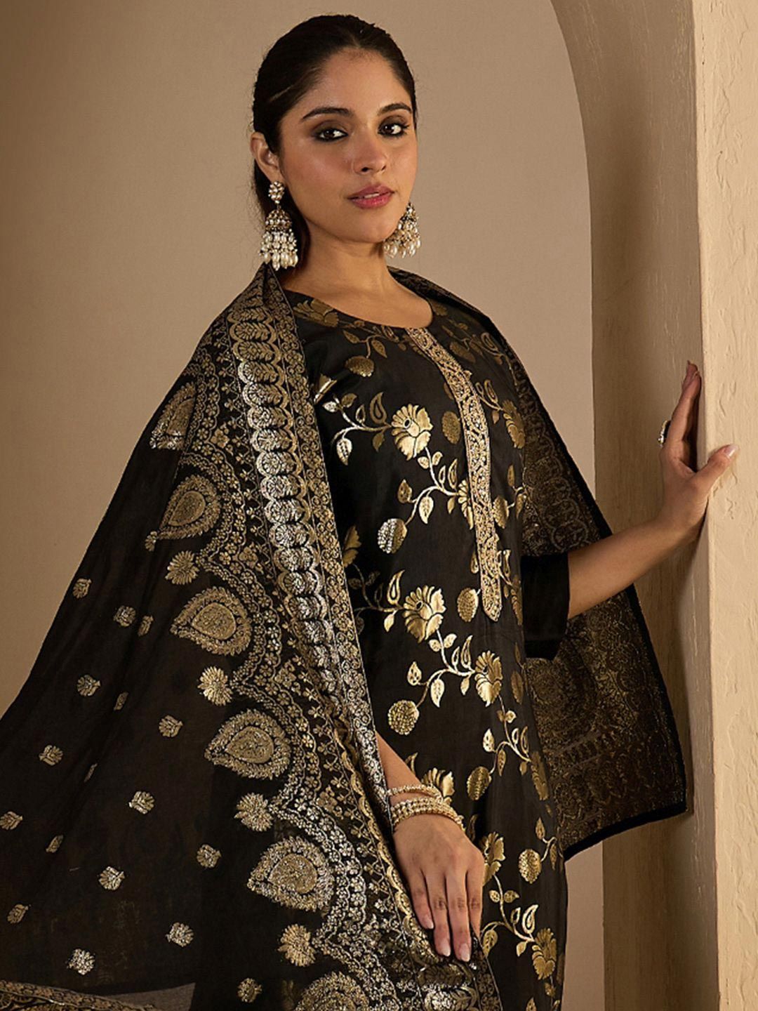 Floral Woven Design Straight Kurta With Trousers & Dupatta