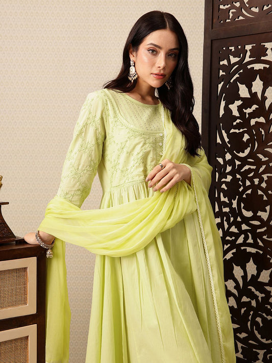 Dhiyona PD Women Floral Embroidered Pure Cotton Jashn A-Line Kurta with Trousers & Dupatta