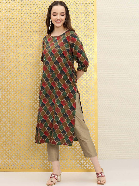 Dhiyona OD  Ethnic Motifs Printed Boat Neck Mirror Work Detailed Kurta