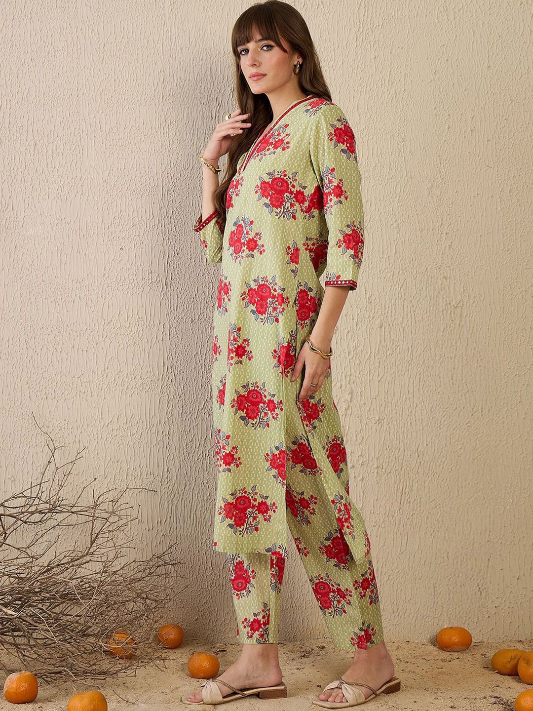 Dhiyona IE Women Floral Printed Regular Mirror Work Pure Cotton Kurta with Trousers