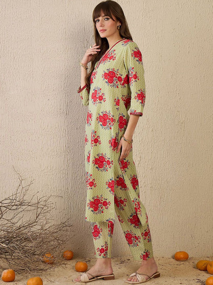 Dhiyona IE Women Floral Printed Regular Mirror Work Pure Cotton Kurta with Trousers