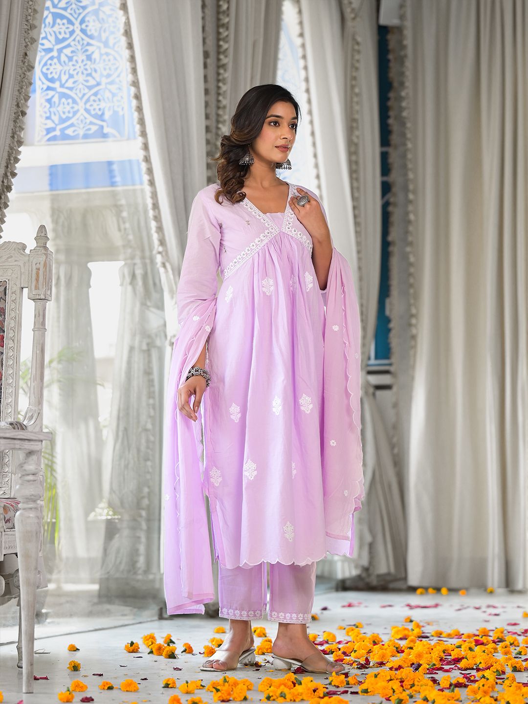 Dhiyona VA Women's Floral Embroidered Empire Thread Work Pure Cotton Kurta with Trousers & With Dupatta