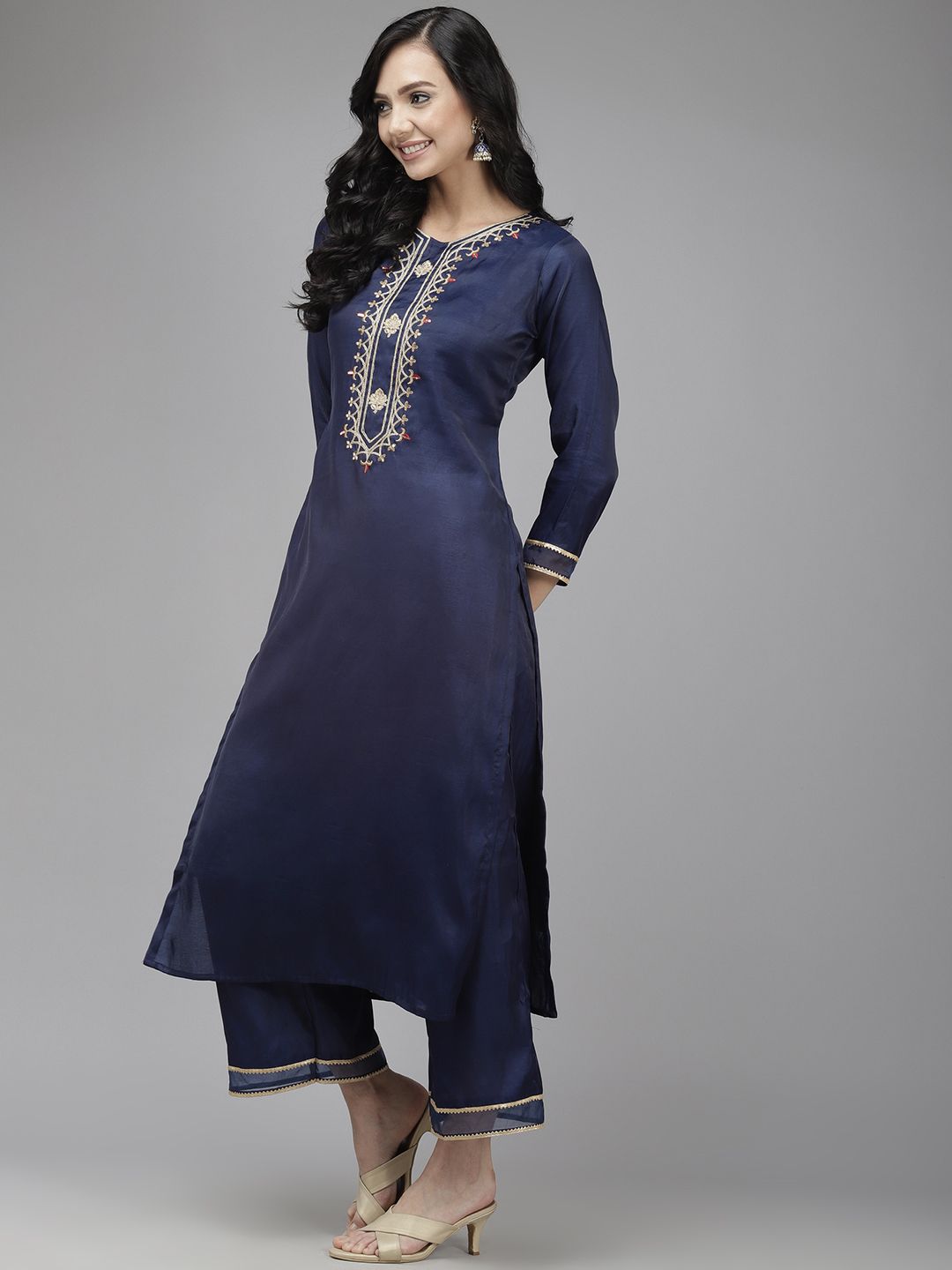 Women Navy Blue Yoke Embroidered Kurta with Palazzos & Dupatta