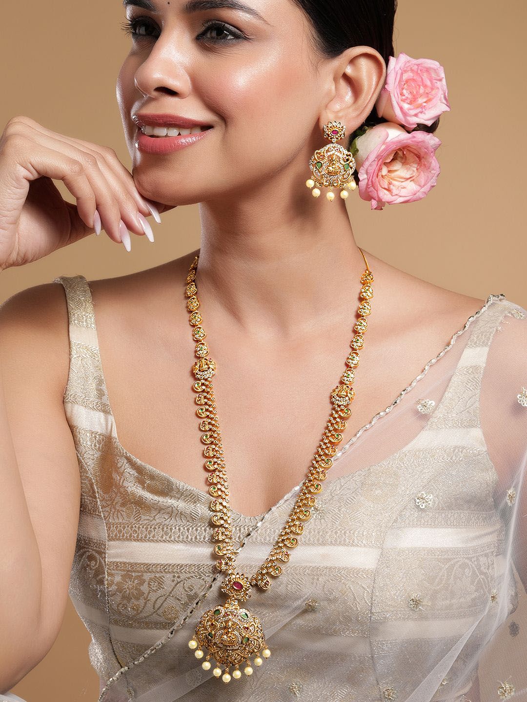 Dhiyona RJ Women's 22K Gold-Plated Ruby & Emerald CZ Studded Divine Lakshmi Temple Jewellery Set