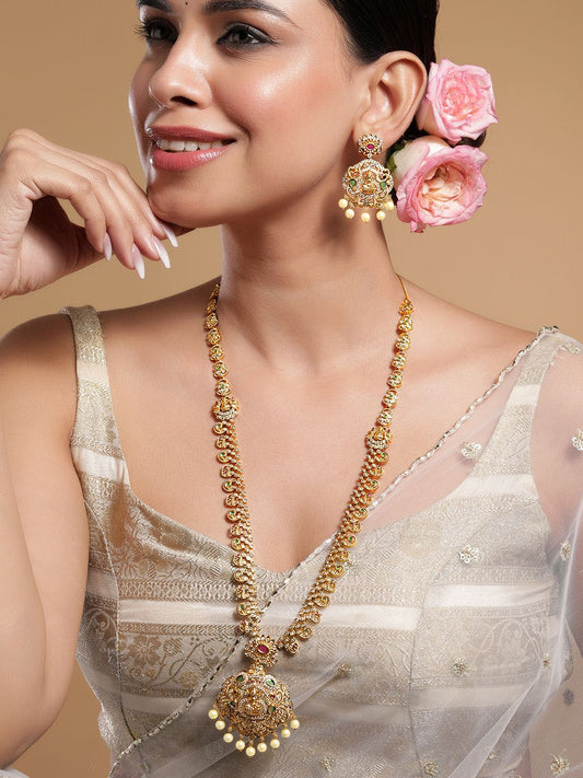 Dhiyona RJ Women's 22K Gold-Plated Ruby & Emerald CZ Studded Divine Lakshmi Temple Jewellery Set