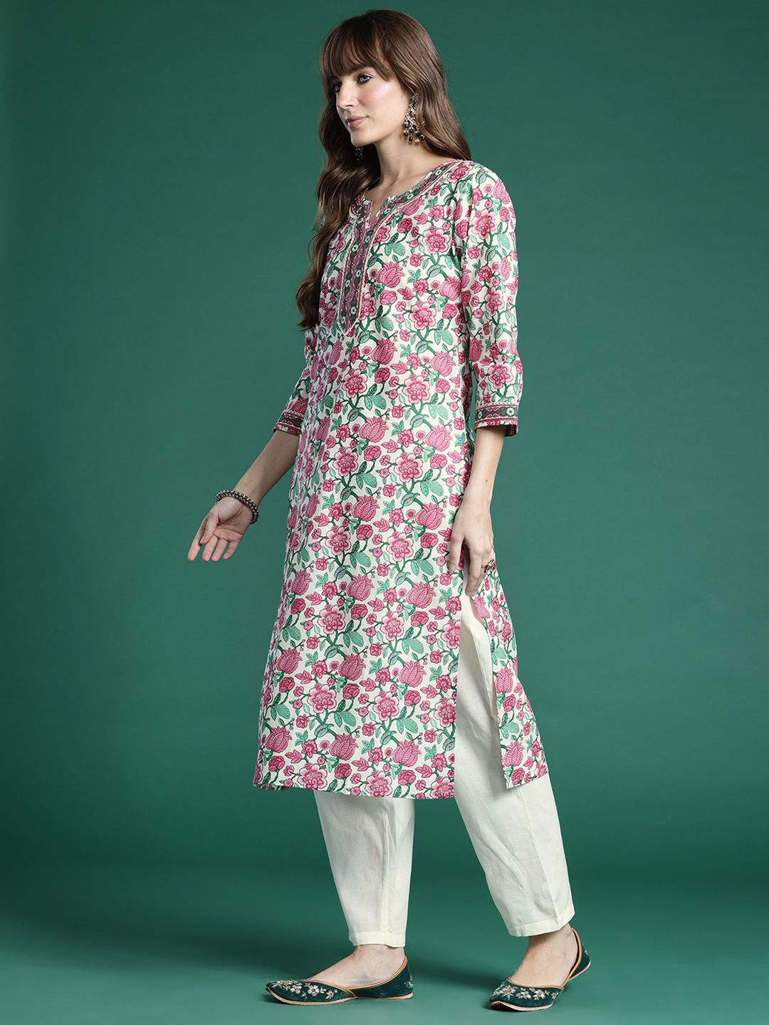Dhiyona IE Floral Printed Regular Pure Cotton Kurta with Trousers & Dupatta