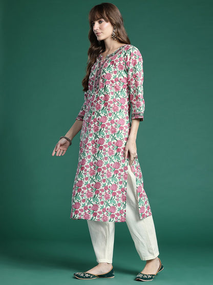 Dhiyona IE Floral Printed Regular Pure Cotton Kurta with Trousers & Dupatta