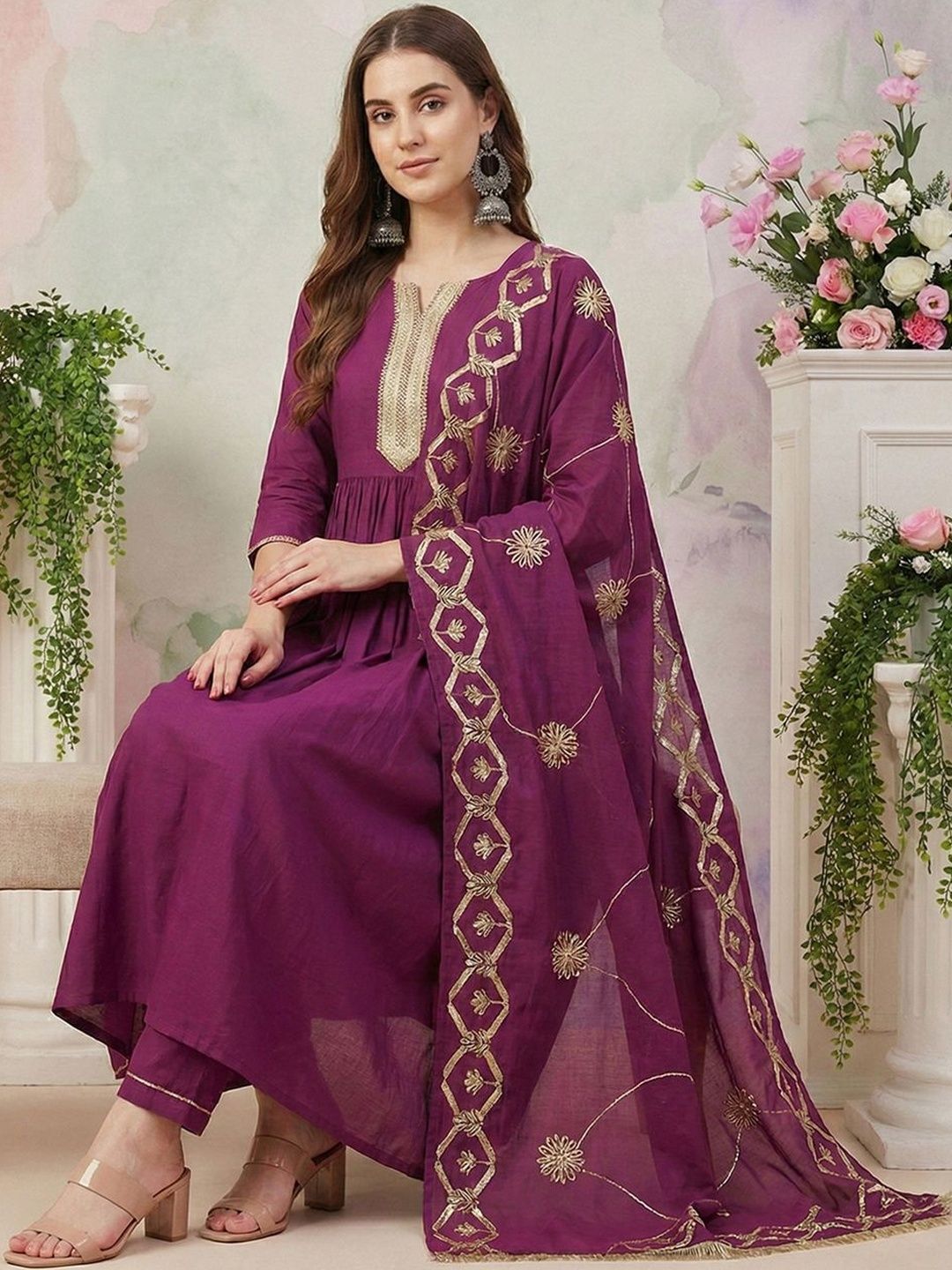 Dhiyona CH Women Ethnic Motifs Embroidered Tiered Thread Work Kurta with Trousers & With Dupatta