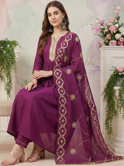 Dhiyona CH Women Ethnic Motifs Embroidered Tiered Thread Work Kurta with Trousers & With Dupatta