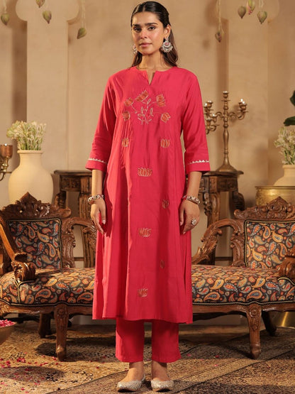 Floral Embroidered Notch Neck Panelled A-Line Kurta & Trousers With Dupatta