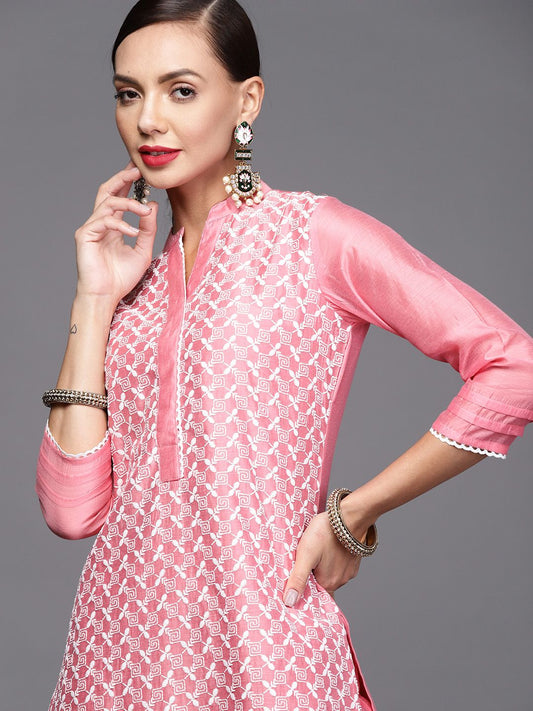 Women Pink & White Ethnic Motifs Embroidered Kurta with Palazzos