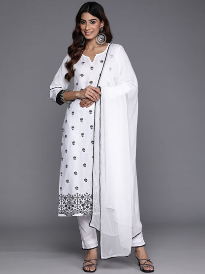 Dhiyona VA Women'sFloral Embroidered Thread Work Pure Cotton Kurta with Trousers & Dupatta