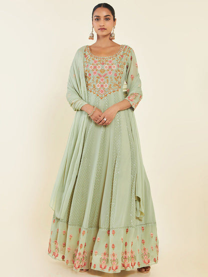 Dhiyona SO Women's Floral Embroidered Mirror Work Anarkali With Churidar & Dupatta