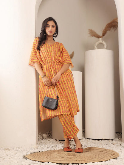Dhiyona VA Women'sFloral Printed V-Neck Pure Cotton Kaftan Kurta With Trouser