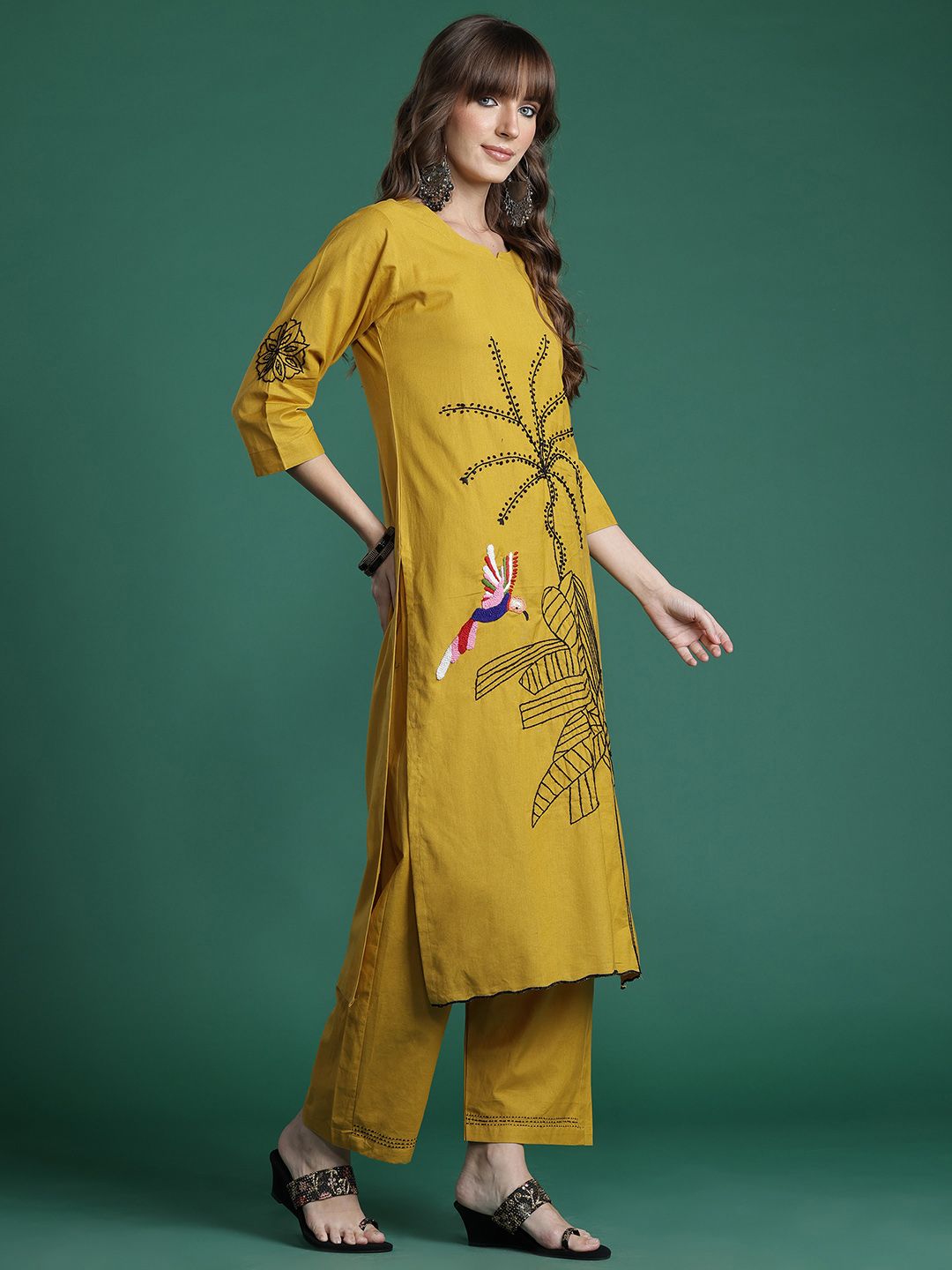 Dhiyona IE Floral Embroidered Pure Cotton Kurta with Trousers & Dupatta
