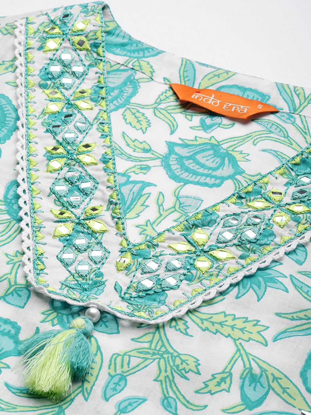 Women Floral Printed Mirror Work Pure Cotton Kurta with Trousers & Dupatta