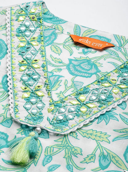 Women Floral Printed Mirror Work Pure Cotton Kurta with Trousers & Dupatta