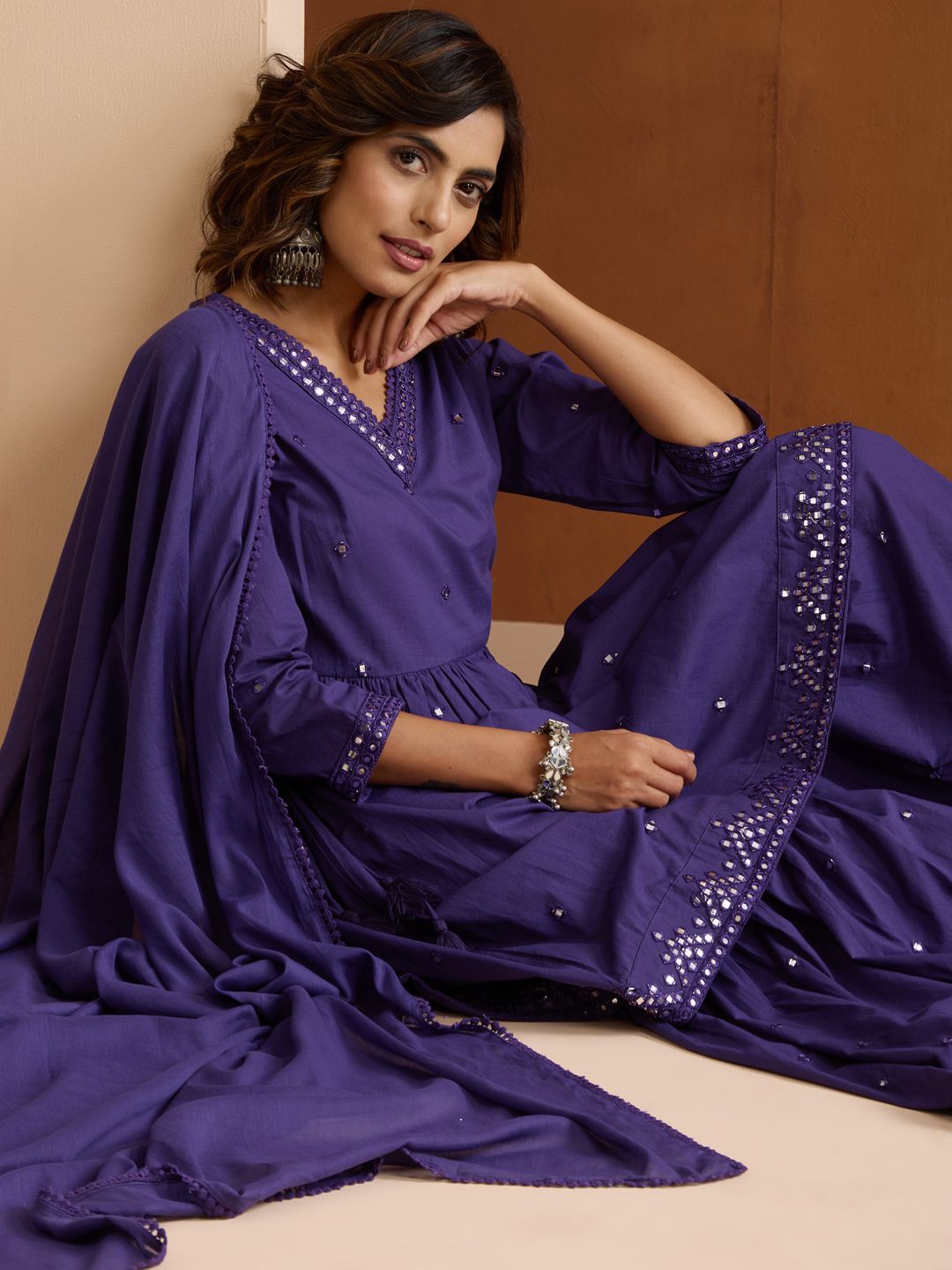 Dhiyona IS Women's Women Ethnic Motifs Embroidered Cotton Kurta with Trousers & Dupatta