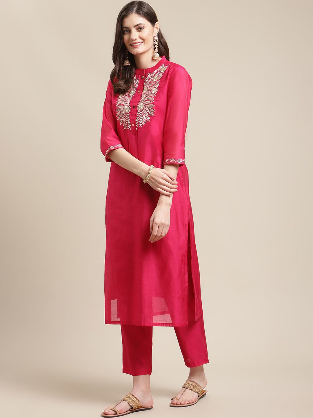 Dhiyona VA Women's Magenta Floral Chanderi Silk Kurta with Trousers & With Dupatta