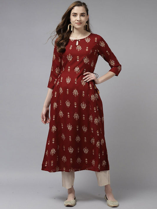 Dhiyona IE Women Maroon Ethnic Motifs Printed Keyhole Neck Anarkali Kurta