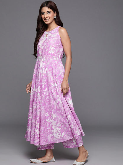Dhiyona VA Women's Floral Printed Empire Pure Cotton Anarkali Kurta with Trouser