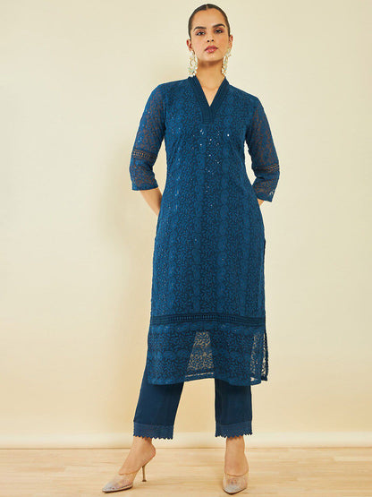 Dhiyona SO Women's Blue Paisey Embroidered Thread Work Straight Kurta & Trousers With Dupatta