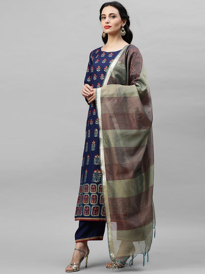 Women Navy Blue & Grey Printed Kurta with Patiala & Dupatta