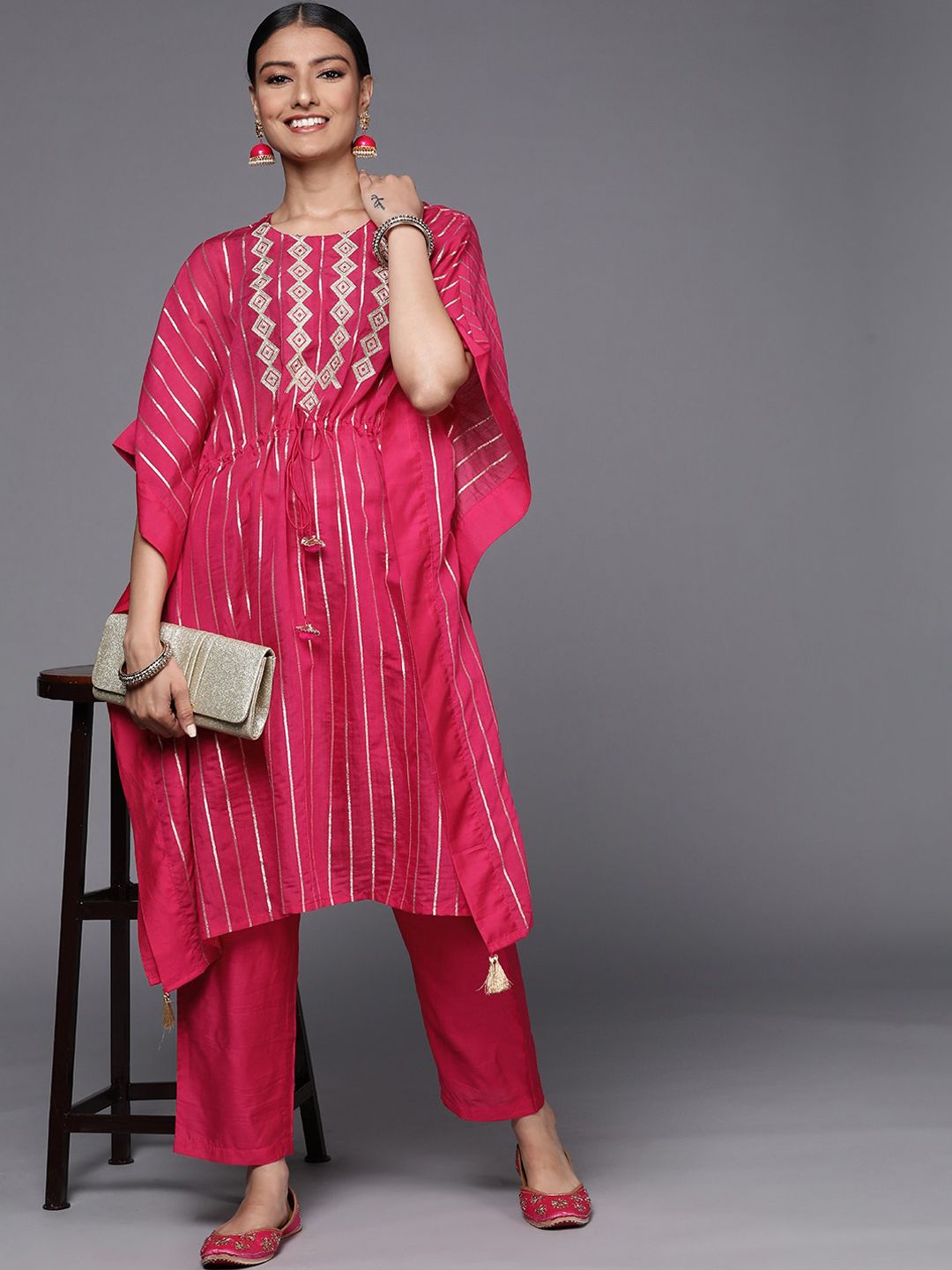 Dhiyona VA Women'sStriped Thread Work Chanderi Silk Kaftan Kurta with Trousers