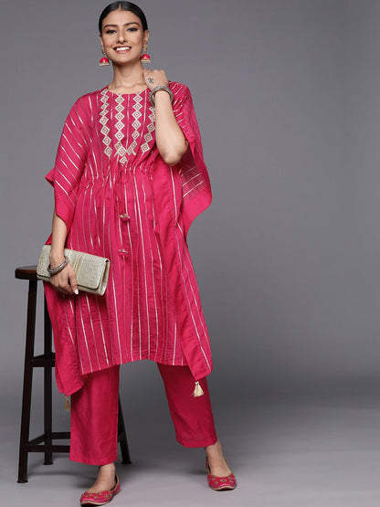 Dhiyona VA Women'sStriped Thread Work Chanderi Silk Kaftan Kurta with Trousers