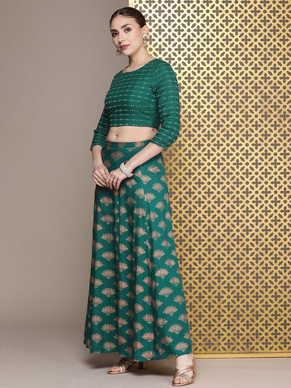 Dhiyona PD Women Floral Embroidered Jashn Regular Thread Work Top with Skirt