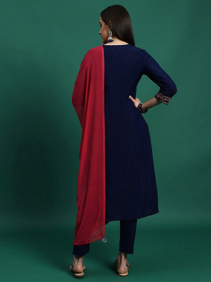 Dhiyona SN Women's Yoke Design Embroidered Pure Cotton Straight Kurta With Trousers & Dupatta