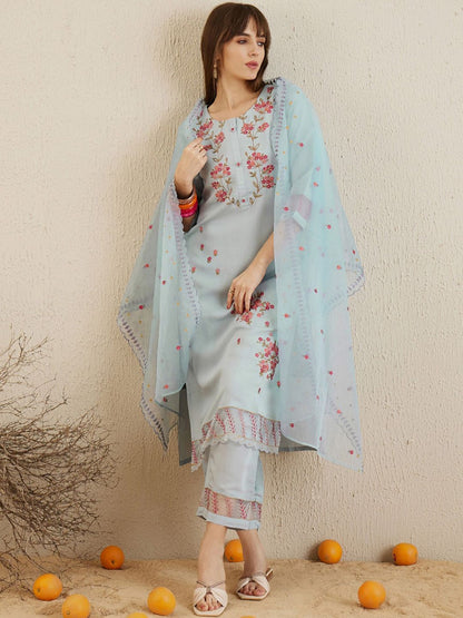 Dhiyona IE Floral Embroidered Round Neck Thread Work Kurta with Trousers & With Dupatta