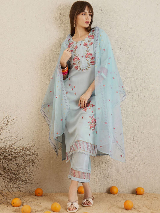 Dhiyona IE Floral Embroidered Round Neck Thread Work Kurta with Trousers & With Dupatta
