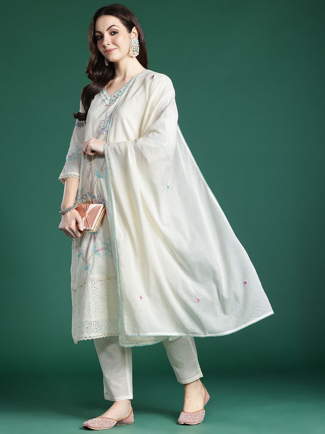 Floral Embroidered Thread Work Pure Cotton Kurta with Trousers & With Dupatta